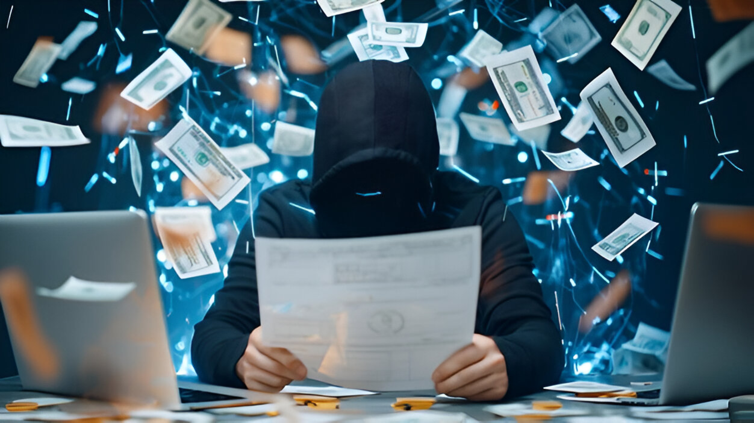 Hacker surrounded by money and laptops.